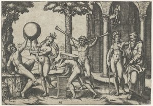 İki trompetli adam ve sırtında taş olan adam, küre ve yaşlı ve genç adamla erkek ve kadın tarafından çevrili by Marcantonio Raimondi