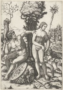 Amor ile sevgi dolu bir çift olarak Mars ve Venüs by Marcantonio Raimondi