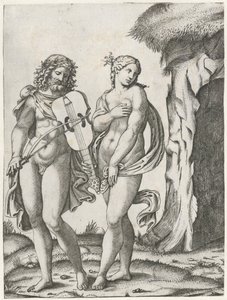 Eurydice yeraltı dünyasına gitmeden önce Orpheus viyola çalıyor by Marcantonio Raimondi
