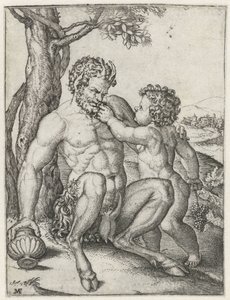 Üzümlü bir çocuk olarak bardak ve Bacchus ile tava by Marcantonio Raimondi