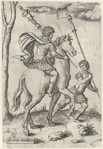At sırtında Romalı generaller Scipio Africanus Maior ve Scipio Africanus Minor At sırtında Romalı kahramanlar (dizi başlığı) by Marcantonio Raimondi