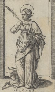Aziz Agnes, sağ elinde bir avuç tutan ayakta, sol altta bir koyun, ..., ca. 1500-1527. by Marcantonio Raimondi