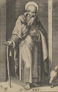 Saint Anthony, sağ elinde bir asa, 