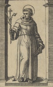 Saint Anthony of Padua ayakta, sağ elinde zambaklar, elinde bir kitap ..., yaklaşık. 1500-1527. by Marcantonio Raimondi