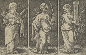 Saint Barbara solda, Saint Catherine, ortada, Saint Lucy sağda, yakl. 1500-1527., ca. 1500-1527. by Marcantonio Raimondi
