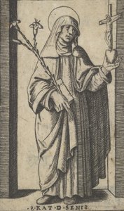 Sienalı Aziz Catherine sağ elinde çiçekler ve kitapla ayakta duruyor, a h..., yakl. 1500-1527.