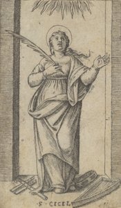 Aziz Cecilia, denizden sağ elinde bir şehitlik avucunu tutan ayakta..., ca. 1500-1527. by Marcantonio Raimondi