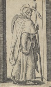 Saint James Major, kitap onun sağ eli, asası solunda sağa dönük, t..., ca. 1500-1527. by Marcantonio Raimondi