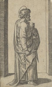 Aziz Peter, anahtarlar sağ elinde, kitap solda, sağa dönük, 'Resim..., yakl. 1500-1527. by Marcantonio Raimondi