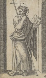 Aziz Philip, sol elinde kitap, sol kolunda duran asa, seriden..., ca. 1500-1527. by Marcantonio Raimondi