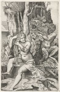 Satyr tuvaletinde bir periyi gözetliyor Pan ve Sirinks by Marcantonio Raimondi