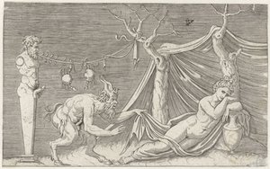 Satyr uyuyan bir periyi takip ediyor Antik kabartmalardan sonra mitolojik temsiller (dizi başlığı) by Marcantonio Raimondi