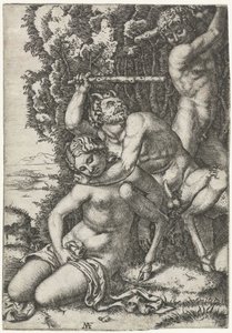 Satyr ve genç adam perisi için kavga ediyor by Marcantonio Raimondi