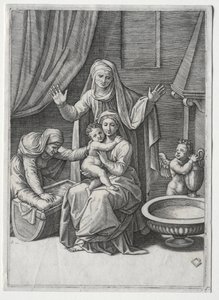 Aziz Elisabeth ve Aziz Anne ile Bakire ve Beşik, 1520. by Marcantonio Raimondi