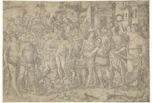 Askerler ve ele geçirilen zırhlarla Roma imparatorunun zafer alayı by Marcantonio Raimondi