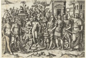 Askerler ve ele geçirilen zırhlarla Roma imparatorunun zafer alayı by Marcantonio Raimondi