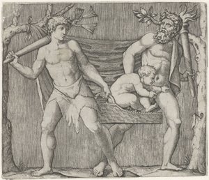 İki faun bir çocuğu sepet içinde taşır. by Marcantonio Raimondi