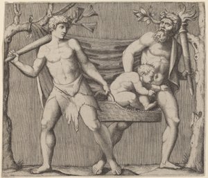 Bir Çocuk Taşıyan İki Faun by Marcantonio Raimondi