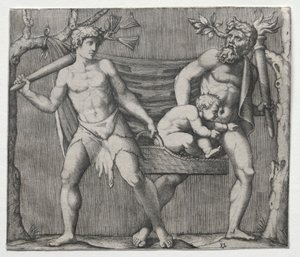 Sepette Çocuk Taşıyan İki Faun, c. 1513-1515. by Marcantonio Raimondi