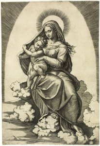 Bulutların Üzerinde Oturan Bakire ve Çocuk by Marcantonio Raimondi
