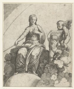 Felsefenin kişileşmesi olarak kitap ve asalı kadın bulutların üzerinde oturuyor ve ayakları kürenin üzerinde duruyor ve yanında iki putti var. by Marcantonio Raimondi