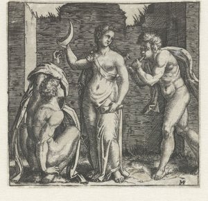 Hilalli bir kadın, yanlarında boynuz üfleyen faun ve çömelmiş bir adam. by Marcantonio Raimondi