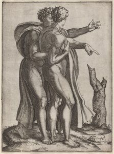 iki çıplak erkek by Marcantonio Raimondi after Michelangelo