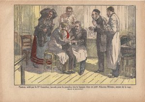 Pasteur, Dr. Grancher'in yardımında ünlü virüsü ilk kez kuduza yakalanmış Alsaslı küçük efendiye aşıladı., Le Pèlerin, 5/11/1922 (baskı) by Marcel Lecoultre
