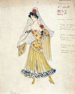 Fransa, Paris, Georges Bizet tarafından Carmen için flamenko dansçıları için kostüm taslağı