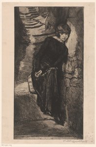 Siyah giyinmiş, duvara yaslanmış kadın Misère de misère (nesne üzerine başlık) Zevk kızı (dizi başlığı) Fille de Joïe (nesne üzerine dizi başlığı) by Marcel Roux (signed by artist)