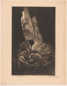 Çıplak bir adamı yiyen yaratıklarla karanlık bir mağaranın içi Guet maymunları (nesne üzerindeki başlık) by Marcel Roux (signed by artist)