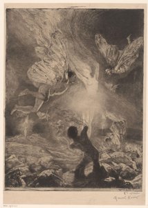 Kadın şeklinde alev, yanan ve çarpan kanatlı erkeklerle çevrili Femme alev Zevk kızı (dizi başlığı) Fille de Joïe (nesne üzerinde dizi başlığı) by Marcel Roux (signed by artist)