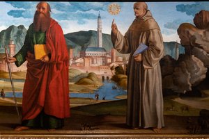 St. Francis, St. Clare ve Peter, Breganze'nin kutsanmış Bartolomeo'su ve St. Paul ve Bernardino arasında stigmata alıyor, detay