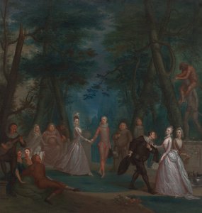Commedia dell'Arte'den figürlerin olduğu bir park sahnesi