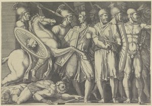 Daçyalılarla savaşan Trajan by Marco Dente (attributed to)