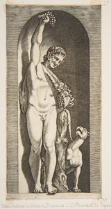 Bir niş içinde duran ve sağ eliyle bir salkım üzümü tutan bir faun ve ..., yakl. 1515-27. by Marco Dente
