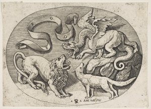 Birbirleriyle savaşan bir aslan, ejderha ve tilki, üstte yazılı bir bandrol, oval bir c..., yakl. 1515-27. by Marco Dente