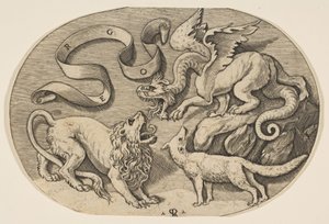 Birbirleriyle savaşan bir aslan, ejderha ve tilki, üstte yazılı bir bandrol, oval bir c..., yakl. 1515-27.