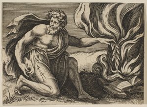 Diz çökmüş ve yanan kitap yığınının üzerine bir defne dalı koyan bir adam, yaklaşık. 1515-27. by Marco Dente