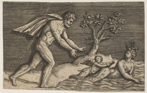 Suya bir naiad ve bir aşk tanrısı kovalayan çıplak bir adam, ca. 1515-27.