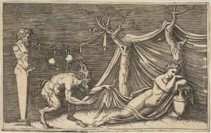 Uyuyan bir kadın bulan bir satir, gergin bir ipten sarkan iki yengeç..., ca. 1515-27.