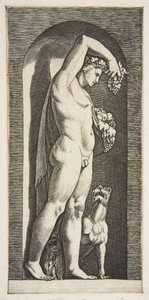 Bir niş içinde duran Bacchus, kaldırdığı sağ elinde üzüm, l..., ca. 1515-27. by Marco Dente