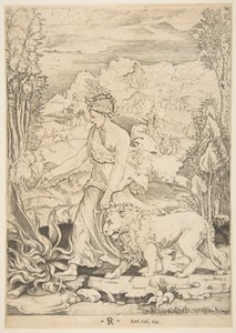 Profil görünümünde metanet, solda bir ateşe doğru yürüyor ve koşumlu bir aslanlara liderlik ediyor..., ca. 1515-27. by Marco Dente