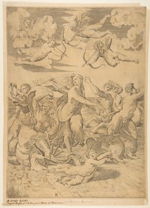 Galatea, yunuslar tarafından suyun içinden çekilen bir kabukta sürüyor, aşağıda bir aşk tanrısı ve f..., ca. 1515-27. by Marco Dente