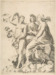 Juno, Ceres ve Psyche bulutların içinde sohbet ediyor, Juno yanında bir tavus kuşuyla oturuyor..., yakl. 1515-27. by Marco Dente