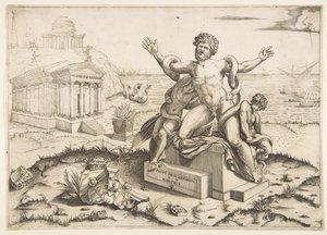 Laocoön ve iki oğlunun bir kaide üzerinde yılanlar tarafından saldırıya uğraması, Mi için bir tapınak..., ca. 1515-27. by Marco Dente