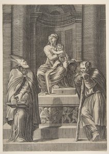 Solda Aziz Joseph ve sağda bir piskopos Bakire sunağının önünde duruyor ..., ca. 1515-27. by Marco Dente