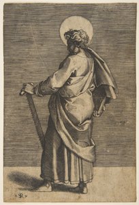 Aziz Simon ayakta sola bakıyor, elinde bir testere ve bir kitap tutuyor, yakl. 1515-27. by Marco Dente