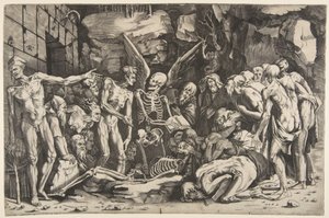 İskeletler, bir deri bir kemik kalmış erkek ve kadınlardan oluşan bir grup, 1515-27