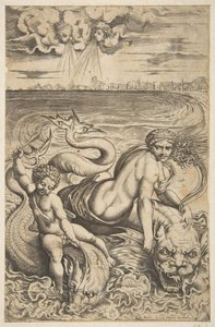 Venüs ve Aşk Tanrısı iki deniz canavarına biniyor, Aşk tanrısı sağ elinde bir ok kaldırıyor, t..., yakl. 1515-27. by Marco Dente